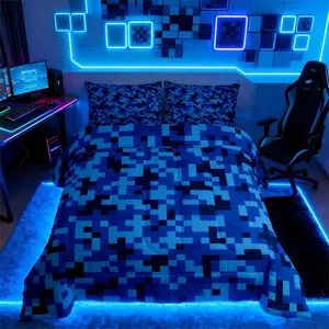 Navy Blue Camouflage Comforter Set,Geometric Checked Bedding Set,for Kids Boys Teens Men Room Decor,Pixelated Miner Style Down Comforter Video Games Duvet Insert
