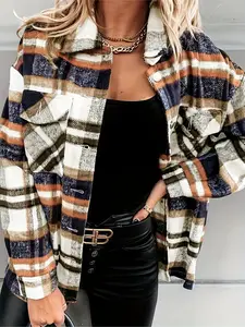 Autumn Winter New Women's Casual Plaid Shirt Woolen Button Coat, Elegant Stylish Long Sleeve Outerwear, Perfect for Daily Wear & Office Use