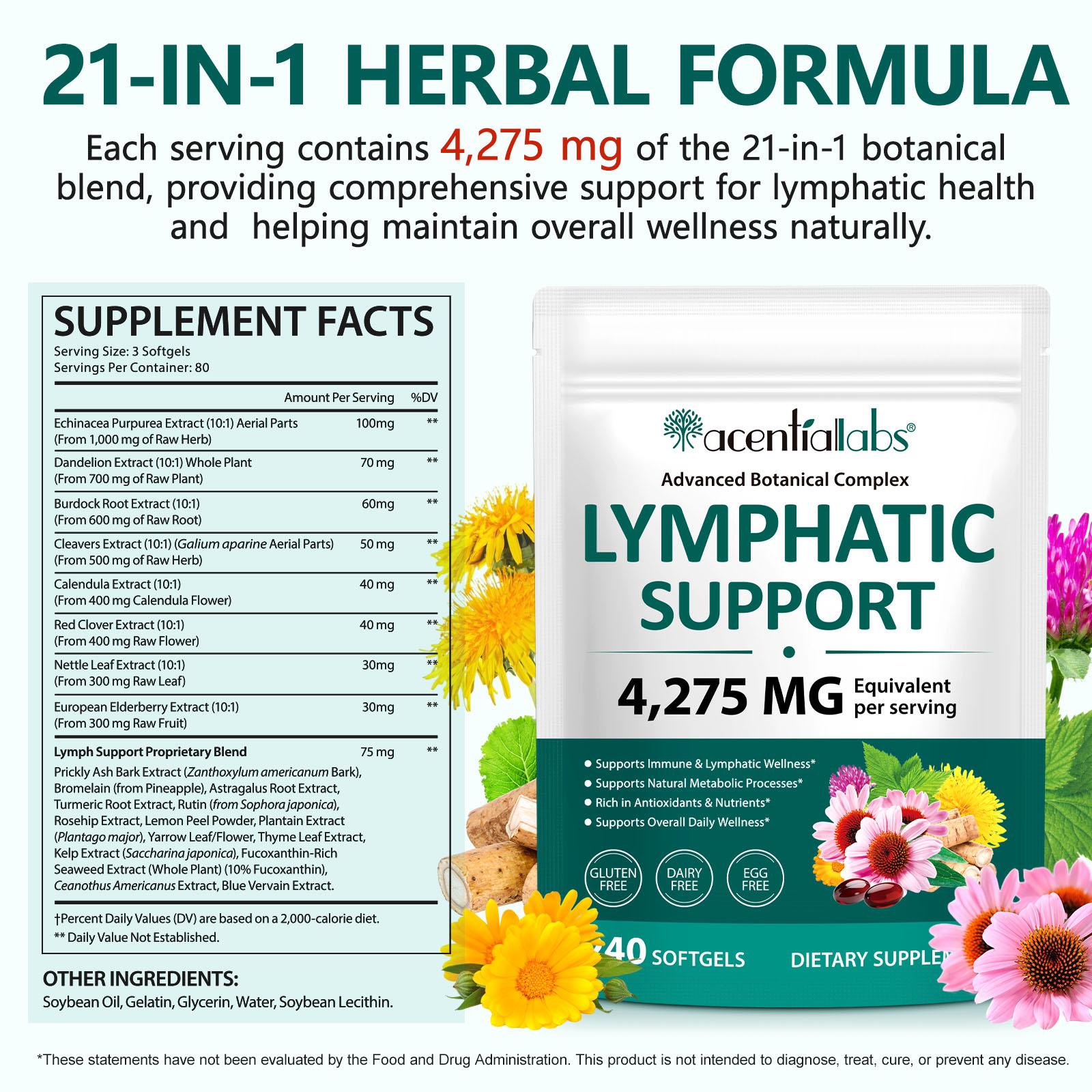 Lymphatic Drainage Supplements 240 Softgels | Herbal Blend with Echinacea, Dandelion & Burdock Root | Promotes Healthy Circulation & Fluid Balance | Supports Overall Daily Wellness