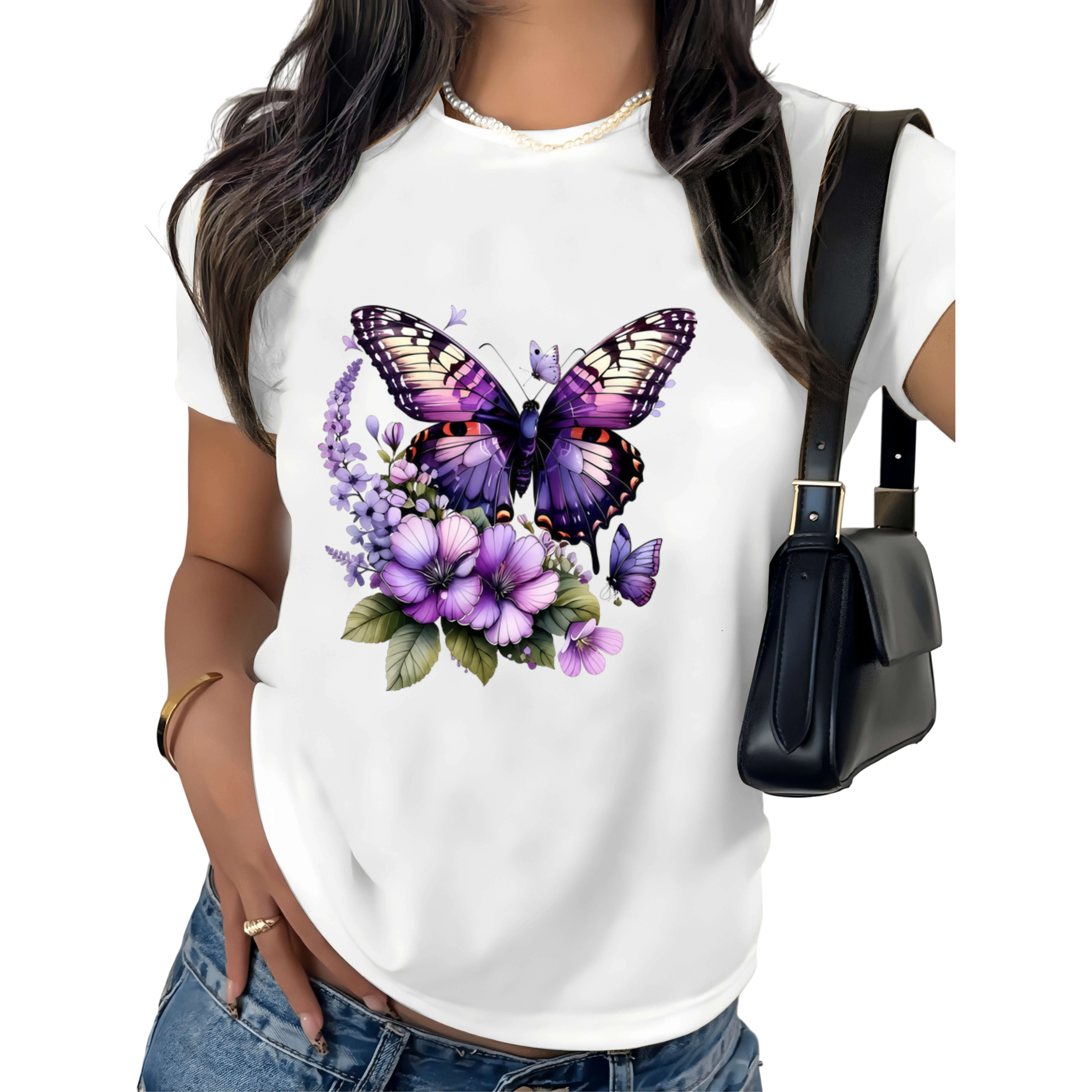 100% Cotton Women's Turquoise Blue Butterfly and Lilac Flower Print Short Sleeve Round Neck Casual Top - Machine Washable, Comfortable for All Seasons, Suitable for Daily Wear and Garden Parties - Lightweight Base Shirt, Trendy Check T-Shirt