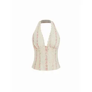 Cider Cotton Floral Graphic Halter Neck Lace Trim Shirred Cami Blouse