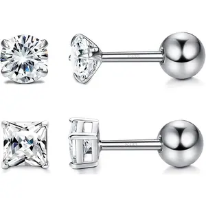 FIASASO Unisex Cubic Zirconia Stud Earrings 925 Sterling Silver Round/Square Princess Cut Cubic Zirconia Screw Back Stud Earrings for Women/Men Cartilage Tragus Helix CZ Studs 3-6MM