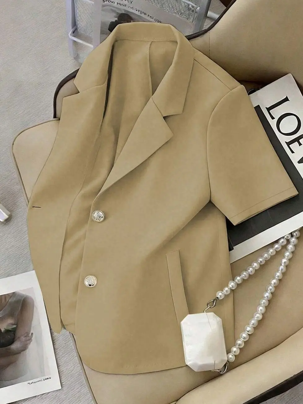 Women's Solid Color Short Sleeve Blazer Jacket, Minimalist Business Casual Office Coat, Lightweight Workwear, Smart Casual Career Outfit for Spring Summer