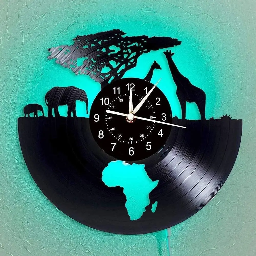 African Wildlife Vinyl Record Lighted Wall Clock, Giraffe & Elephant Animal Design, 7-Color Night Light Function Vintage Decor, Handmade Home Decoration Gift, Creative Decorative Clock