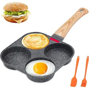Non-stick Egg Frying Pan, 4 Holes Skillet With Handle, Multifunctional, Wooden Handle Stone Omelet Non-stick Cookware frying pan
