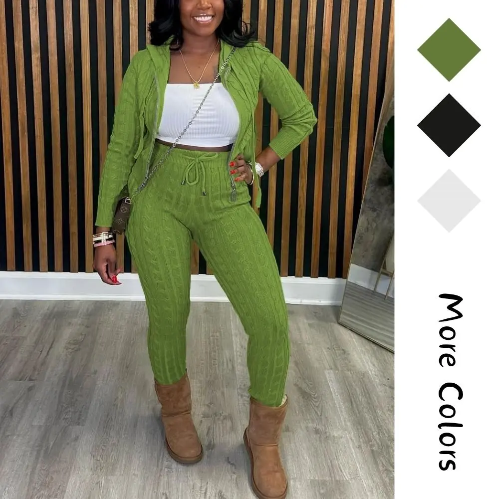 Women Two Piece Sets Sweater Outfits Dressy Lounge Knit Zip Up Hoodie Pant Set
