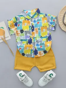 Men's Baby Toddler Summer Animal Print Stand Collar Shirt Short Sleeve Shorts Set, Gift Set, Casual Comfortable for Kids, Baby Clothing, Outfit