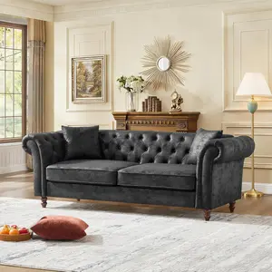 Modern Chesterfield Sofa Couch, 83-inch PU Leather Loveseat Sofa with Rolled Arms and Tufted Button, Mid Century Modern 3-Seater Sofa Tufted Couch, Deep Seat Small Couch for Living Room, Office