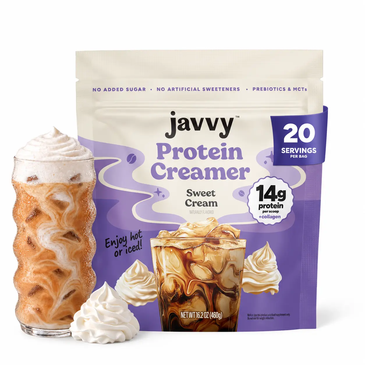 Javvy Sweet Cream Protein Coffee Creamer - Grass Fed Pasture Raised Collagen - Hair, Skin & Nail Support, Energy-Boosting MCTs, Keto Friendly, Gluten Free, No Added Sugar, 14g of Protein
