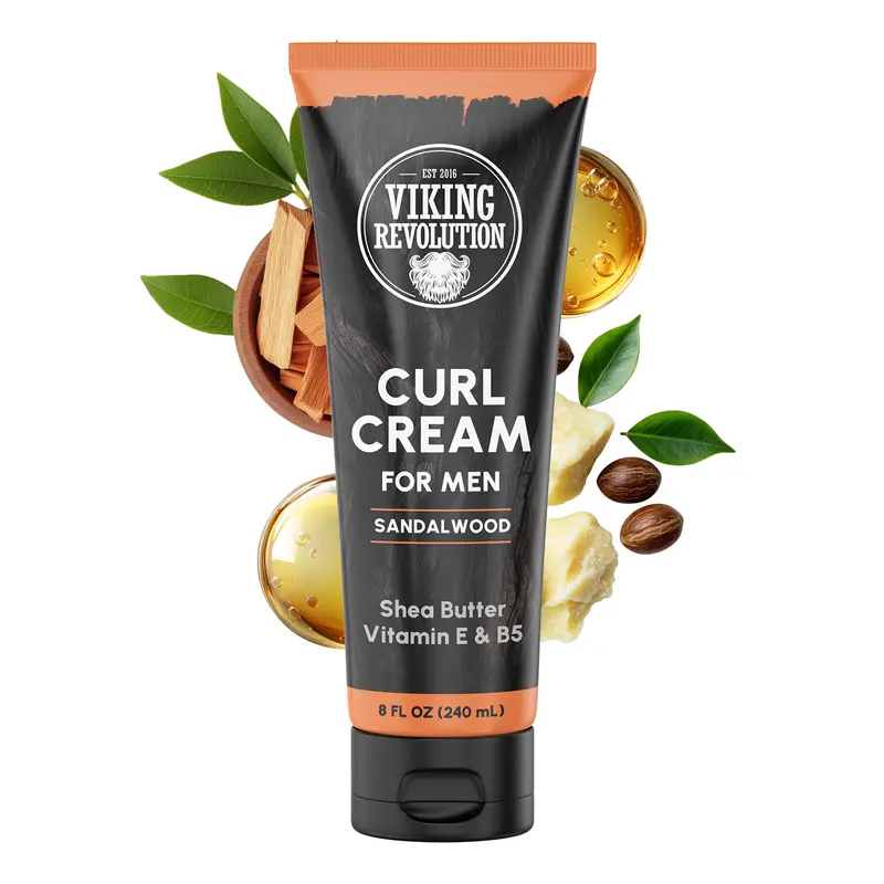 Viking Revolution Hair Curl Cream for Men - Sandalwood Curling Cream with Vitamin E & B5, Shea Butter - Styling Cream for Curly Hair to Enhance, Define and Shape Natural Curls and Wavy Hair (8fl oz)