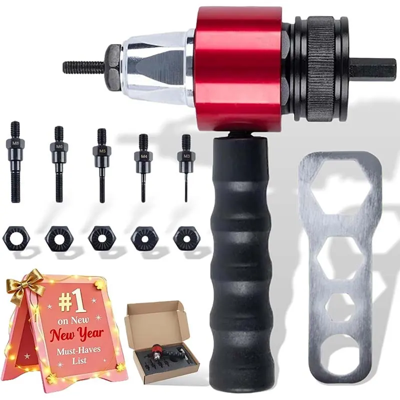 Sakerplus Compact Rivet Nut Tool Adapter for Cordless Drills, Fast Riveting Attachment with Quick-Release Mandrel, Hex Drive Shaft, Non-Slip Handle, Heavy-Duty Rivnut Tool for Metalworking, DIY & Home Repairs