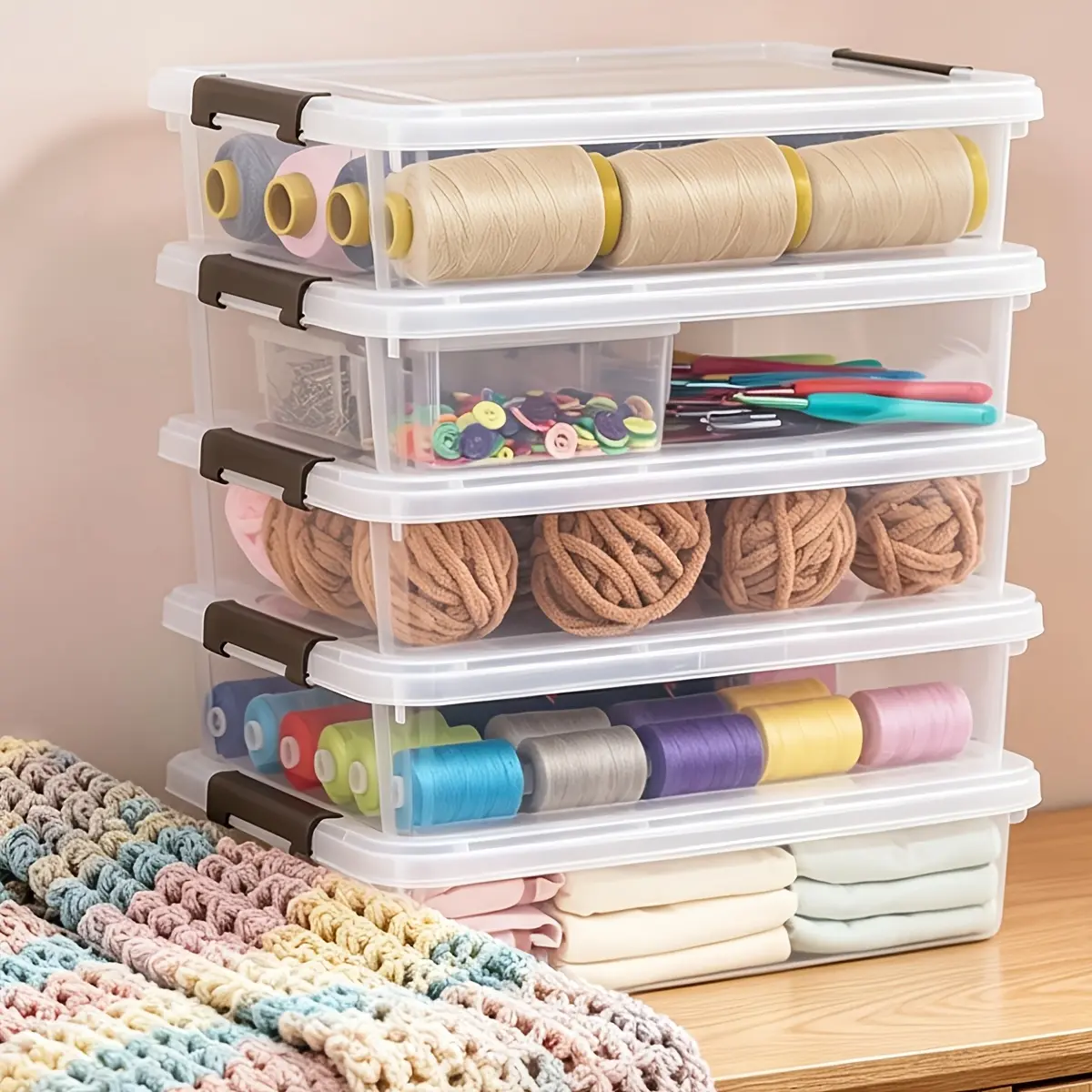 5pcs Clear Plastic Storage Boxes, Sturdy Storage Bins with Lids, Perfect for Organizing Sewing Projects, Beads, Art Craft Supplies, Board Games, Copying Paper, Card Stock, Portable Pencil Case, Stackable Organization And Storage Containers