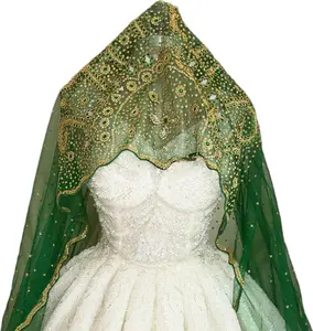 Elegant Green Bridal Veil with Gold Embroidery and Beads for Wedding Accessories