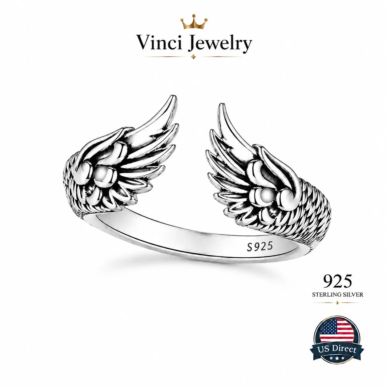 925 sterling silver Vintage Angel Wing Adjustable Sterling Silver Ring Gothic Minimalist Statement Ring Retro Guardian Wing Open Band Ring for Women Men Couples Daily Wear Party Festival Biker Streetwear Gift Symbolic Protective Style