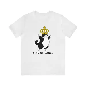Men's funny dancing cat with crown Graphic T-Shirt - Short Sleeve Crew Neck Regular Fit Casual Wear | Soft & Breathable Fabric, Durable Print, Everyday Comfort, Machine Washable, cartoon cat wearing a crown and dancing, labeled as 'King of Dance'