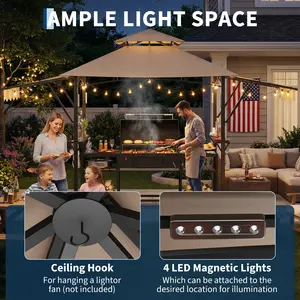 Outdoor BBQ Grill Shelter 8x5 ft, Upgraded Gazebo with Adjustable Side Awnings, Built-in 2 Utility Shelves, LED Lighting System, Multiple Hooks & Ceiling Loop, Rustproof Steel Frame Canopy for Backyard Garden Patio Grilling