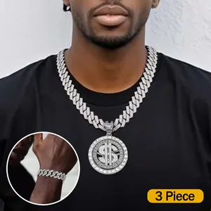 2025 New Hip Hop Rotatable Dollar Sign Pendant Necklace with Cuban Bracelet Set Miami Rapper Style Gold Chain Holiday Gift Bling Stylish Accessory
