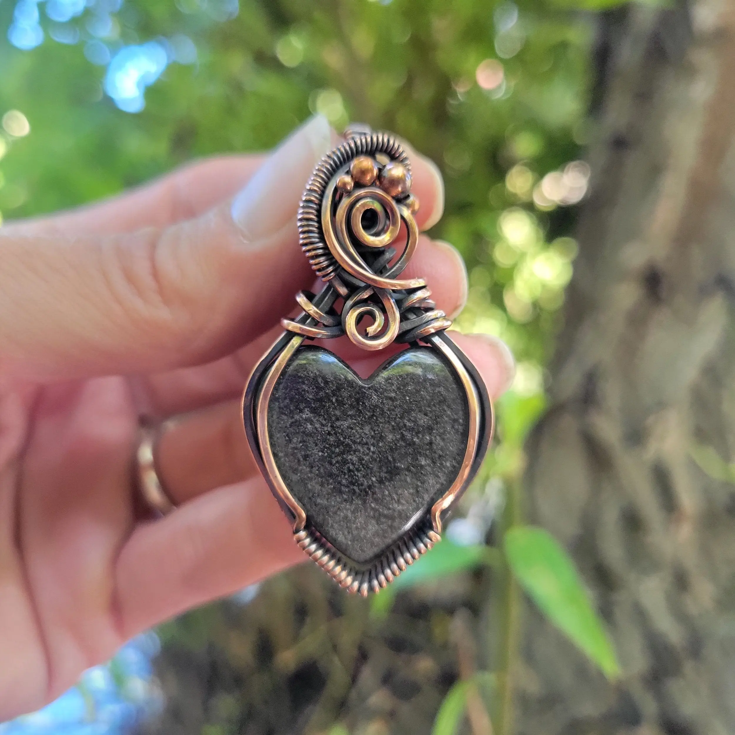 Handcrafted Silver Sheen Obsidian Copper Heart Pendant Necklace