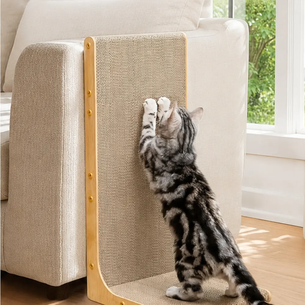 L-Shaped Cardboard Cat Scratcher, 23-Inch Vertical Scratch Pad for Indoor Cats, Furniture Protector & Lounge Bed, Wood Grain