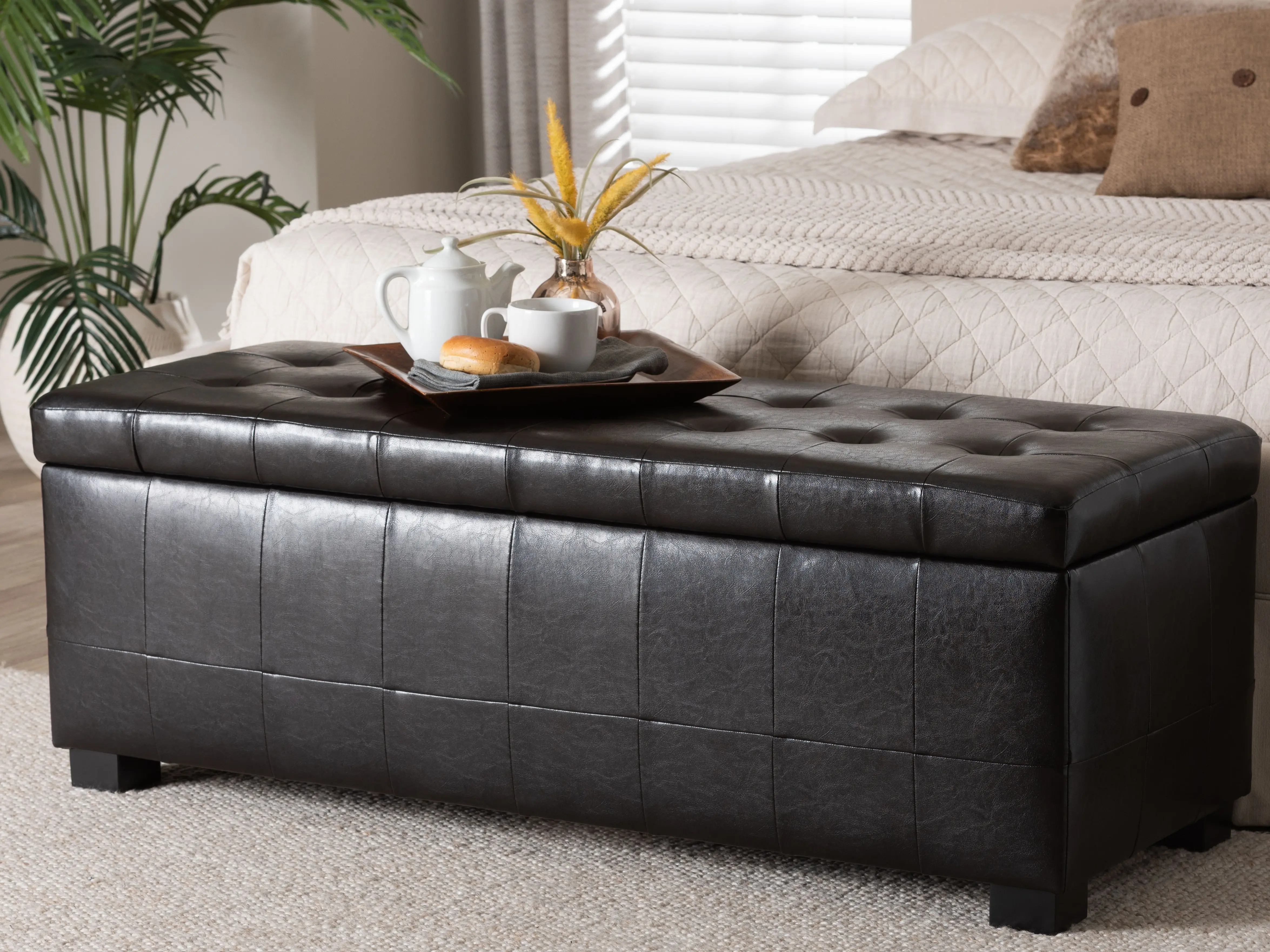 Baxton Studio Leather Contemporary Ottoman with Dimples, Dark Brown Luxurious Feel Modern Living Space