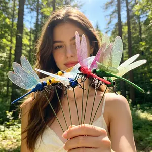 4-pcs 3D Metal Dragonfly Pole Clips Natural Forest Style Garden Decorations for Indoor & Outdoor Use Pest Deterrent Creative Accessories for Home Decor