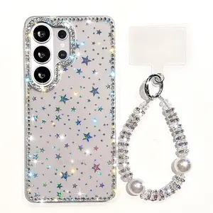 Simple Glitter Wrist Strap Case Phone Charms For Samsung S24 S25 FE S26 S25 Plus S23 Ultra A16 A26 A36 A56 A17 A07 A15 A35 A55 5G Transparent Lanyard Shockproof Laser Cover