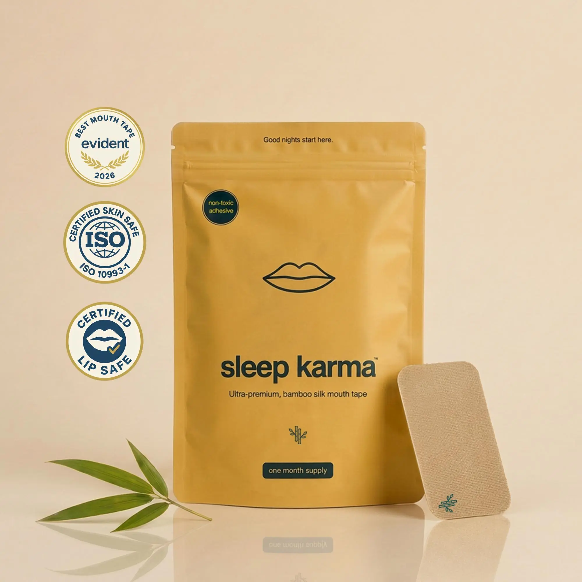 Sleep Karma Premium Bamboo Mouth Tape for Sensitive Skin Adults - Hypoallergenic, Medical Grade, Certified Safe Snoring Aid Adhesive Strips with PFAS-Free Glue, Biocompatibility, Easy Removal, Full Coverage, Nightly Use Support for Respiratory Health