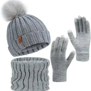 three-Pcs Warm Stretch Sports Knit Beanie Set, Suitable for Outdoor Hiking, Running