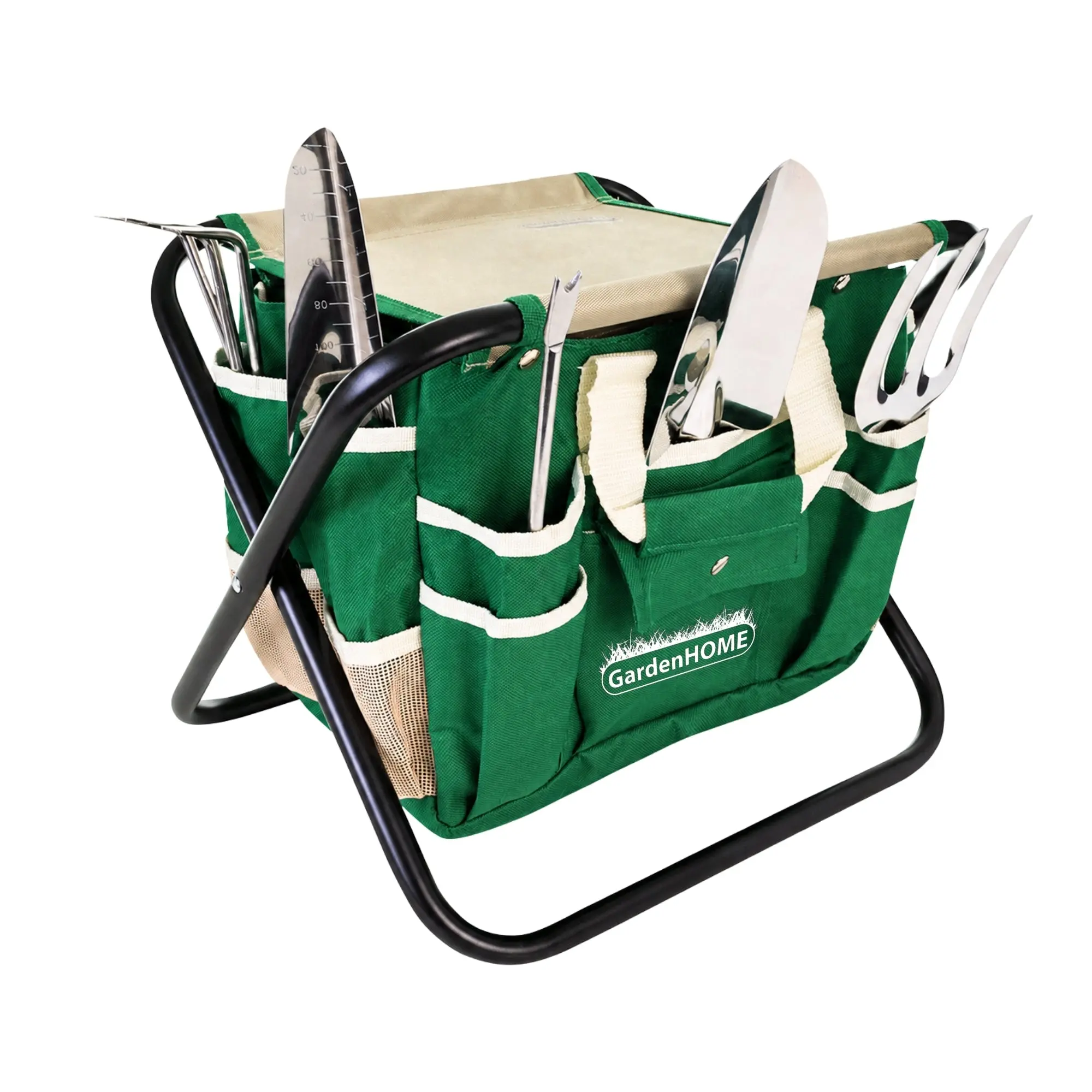 GardenHOME Garden Tool Set, Stainless Steel 7 Piece Tool Set, Heavy Duty Folding Stool, Detachable Canvas Tote Bag (Green)