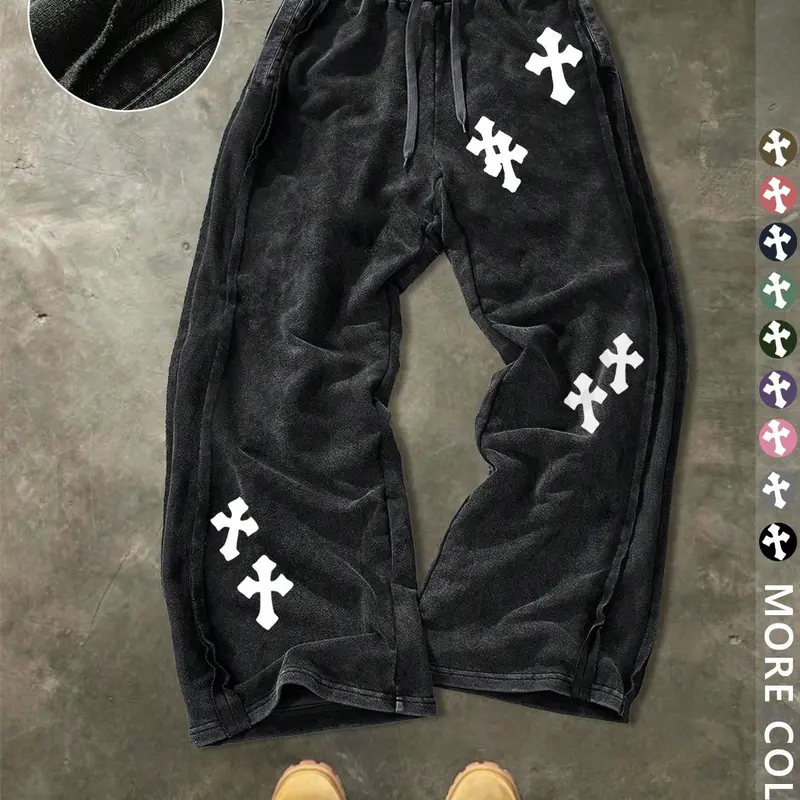 Unisex Street Style Cross Pattern Washed Sweatpants, Loose-Fit, Drawstring Waist, Cotton Fabric, Y2K Trousers, Ideal Gift, Streetwear, Casual Fashion Bottoms