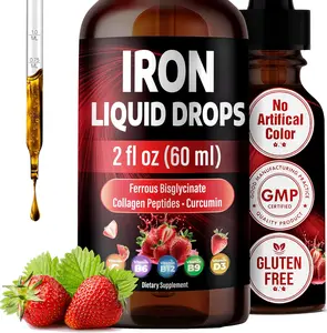 Liquid Iron Drops – Liquid Iron Supplement with Vitamin C, B6, B12, Folic Acid, & Collagen – Natural Strawberry Flavor – 2 fl oz