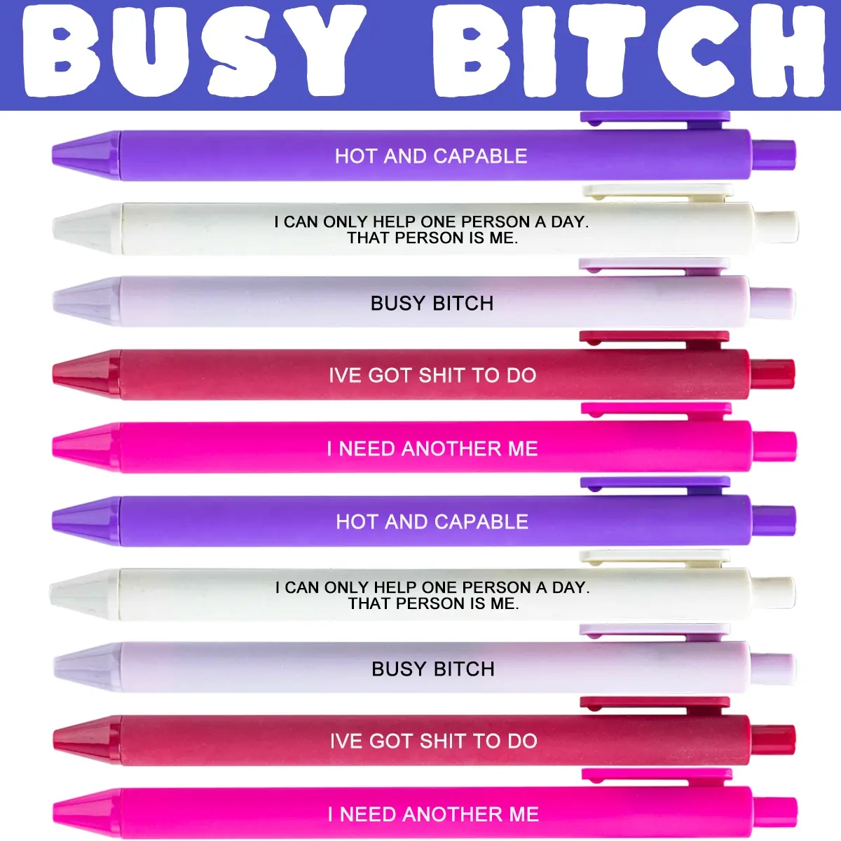 10 PCS BUSY BITCH Ballpoint Pen Set with Funny Quotes,Sassy Boss Lady Pens, Funny Teacher Pens ,Smooth Black Ink for Office, Journaling, Notebooks - Great Gift for Women, Coworkers, Adults (Spoof Fun Style Gag Gift)