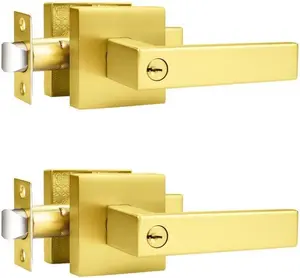 Brushed  Keyed Alike Entry Door Handle Knob Square Heavy Duty Satin Brass Door Lever Lockset Reversible for Exterior and Interior Doors, 2 Pack