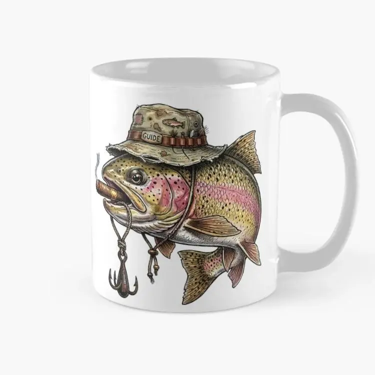 Funny Trout Fishing Coffee Mug, Detailed Fish Guide Hat Artwork, Rustic Outdoor Angler Gift for Dad, Fishermen, Birthday, Father’s Day or Christmas