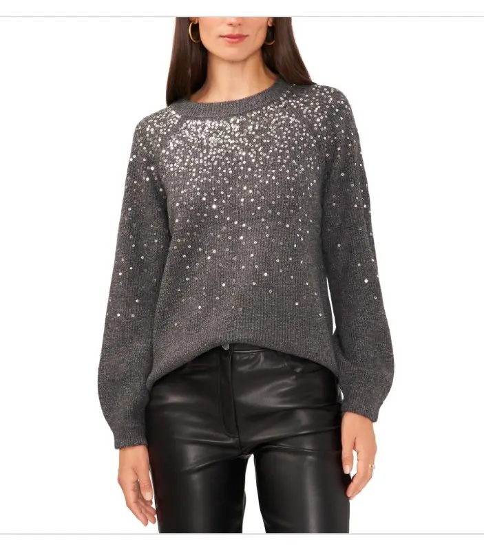 Women's Vince Camuto Cozy Sequin Detail Polyester Knitwear Sweater - Raglan-Sleeve Crewneck Tops, Medium Heather Grey