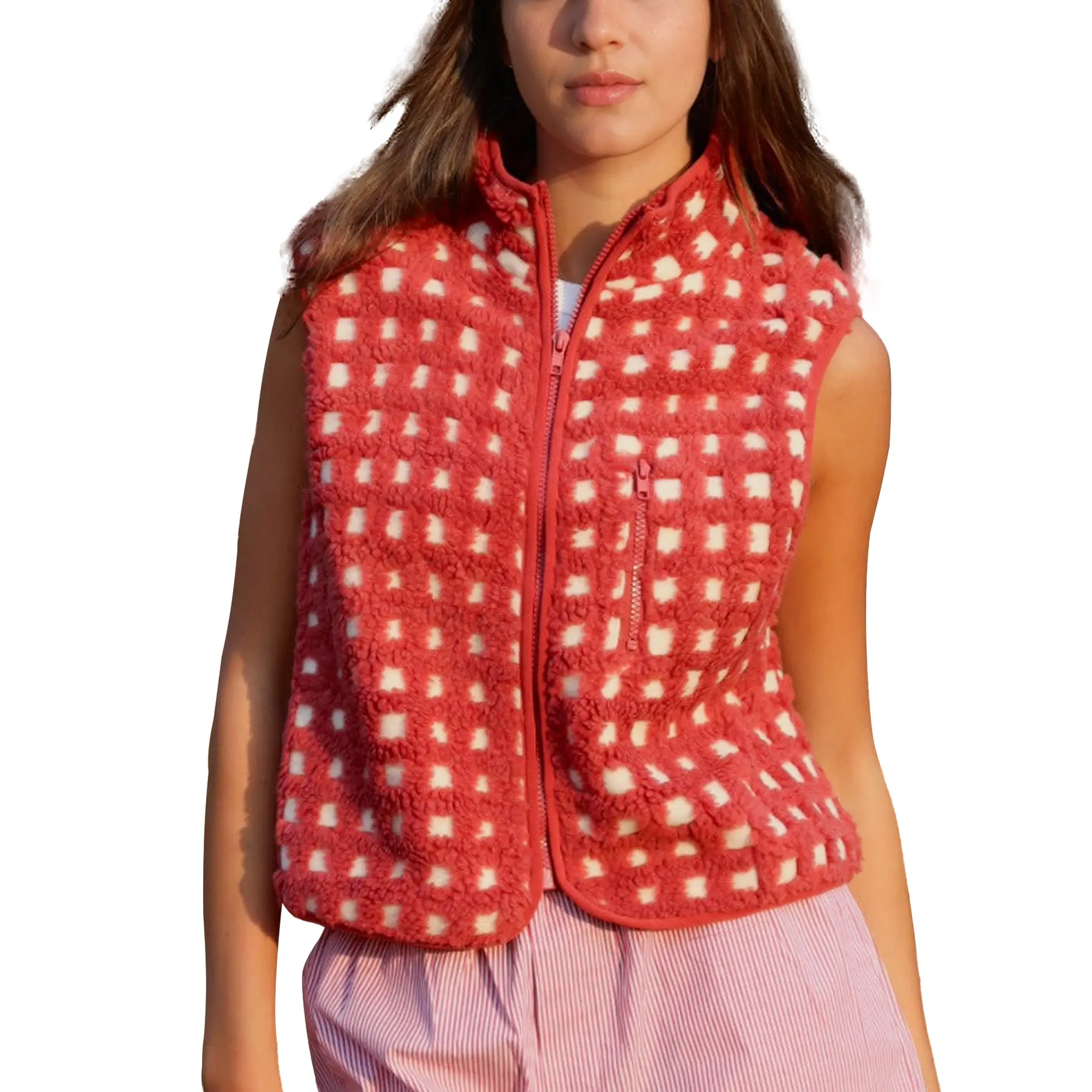 Talakeno Women's Loose Casual Checkered Sherpa Vest - High Neck, Zip-Up, Sleeveless Winter Fleece Gilet with Chest Zipper Pocket, Women's Tops & Vests, Zipper Pocket Women's Vests