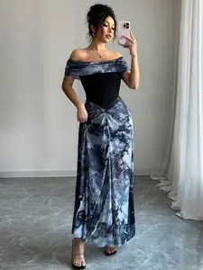 Women's French One-Shoulder Lace-Up Printed Mesh Dress, Sexy Slim Fit Elegant Long Dress, Perfect for Special Occasions