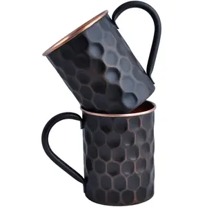 16 Oz Black Moscow Mule Pure Copper Mugs  Genuine Cups For Drinking Mules Food Safe Handcrafted Solid Real Mug Large Cup Hammered Finish Christmas Gift Set Of 2