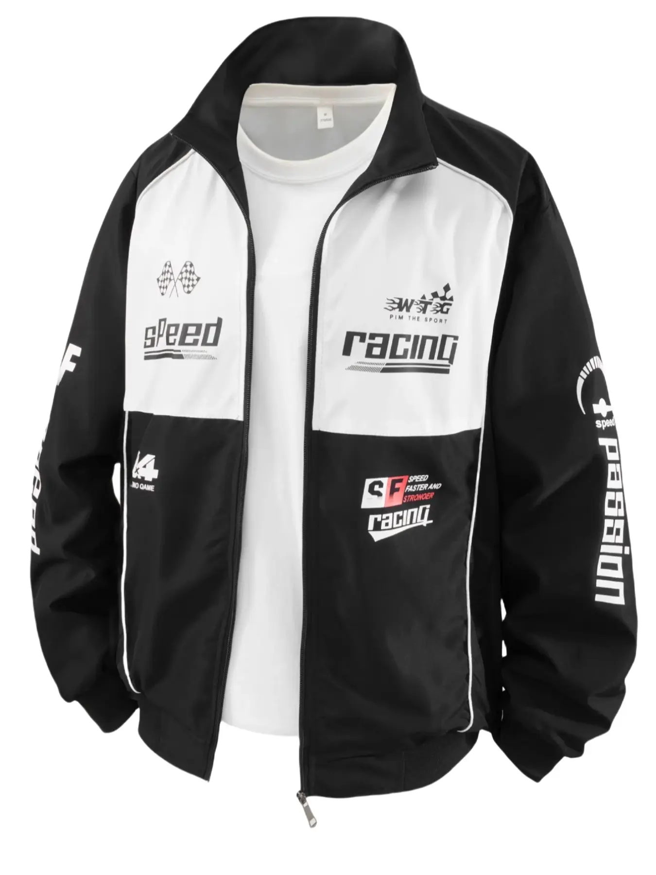 Trendy Racing Jacket with Multi-Element Prints, Stylish Patchwork Design, Sporty and Fashionable, Casual Athletic Jacket, Perfect for Casual Wear, Casual Fashion Outerwear, Patchwork Fitted Jacket