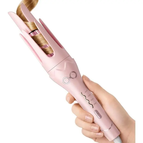 1.4 Inch Automatic Rotating Ceramic Curling Iron for Long Hair, Pink | Auto Hair Curler Wand for Beach Waves, 500M Negative Ions, 4 Heat Levels, Anti-Scald, Tangle-Free, Dual Voltage for Travel