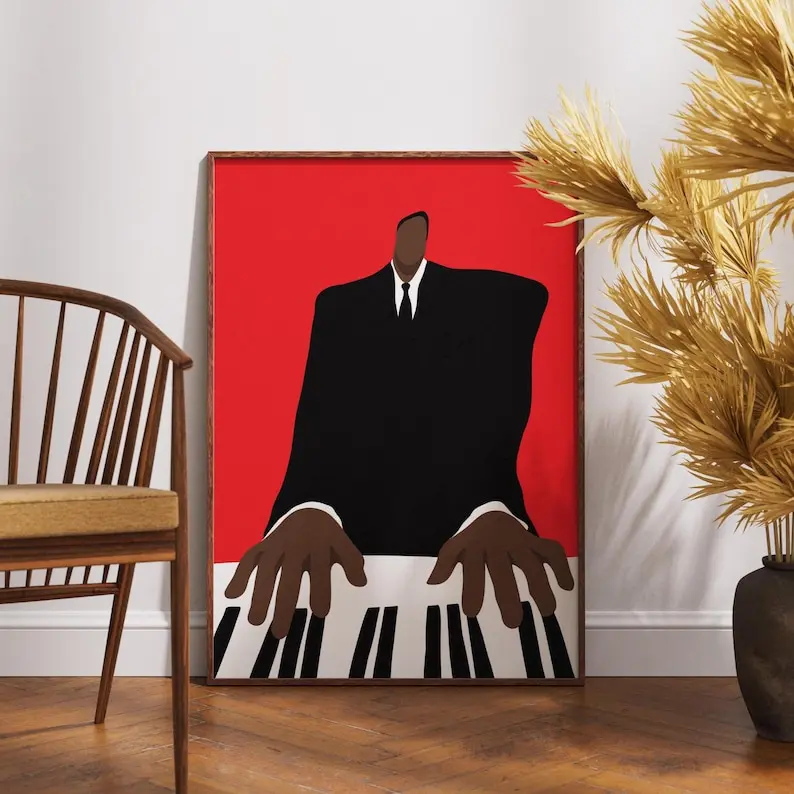 Minimalist Jazz Piano Poster, Black Man Wall Art, Afro Culture Music Illustration, Modern Home Decor Print African American Wall Art Artistic