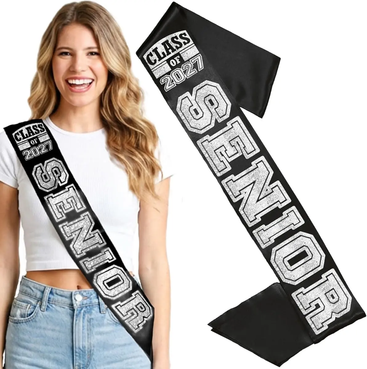 RhinestoneSash Senior Sash Black - Class of 2027 Sash - High School Senior Picture Outfits - Graduation Gifts