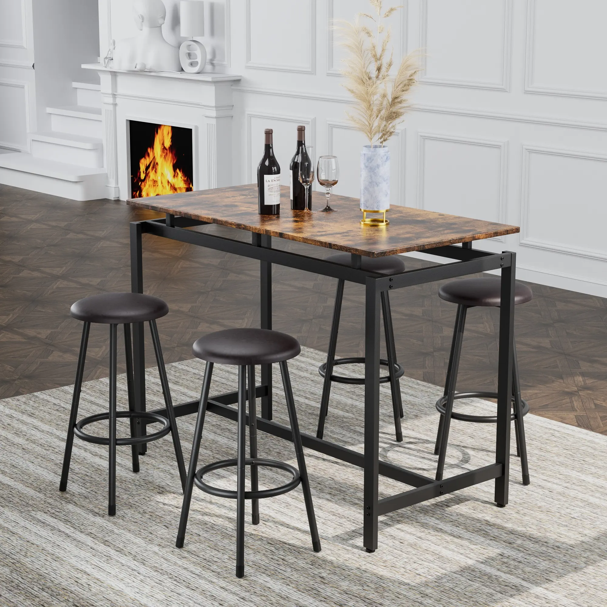 High-Quality MDF+Iron Frame 5-Piece Kitchen Counter Height Table Set for 4 Persons, 4 Stools with 440 lbs Capacity, 47.5" L x 24" W x 36" H, Melamine & PVC Cover, Tucks Under, Complete Hardware, Assembly Required, Ideal for Apartments