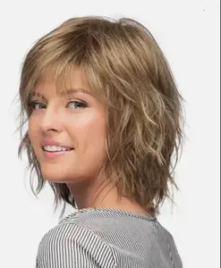 Medium Layered Hairstyle Bob Women's Brown Blond Natural Straight Synthetic Wig,Suitable for daily fashion and Halloween characters, party wigs