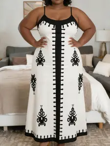 Plus Size Long Cami Dress for Women, Perfect for Travel and Vacation, Fall & Winter Casual Fitted All over Print Style