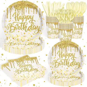 140Pcs Golden Happy Birthday Party Decorations White Gold Paper Plates Napkins Cups Tableware Set Women Men Birthday Themed Party Decor for 20 Guests