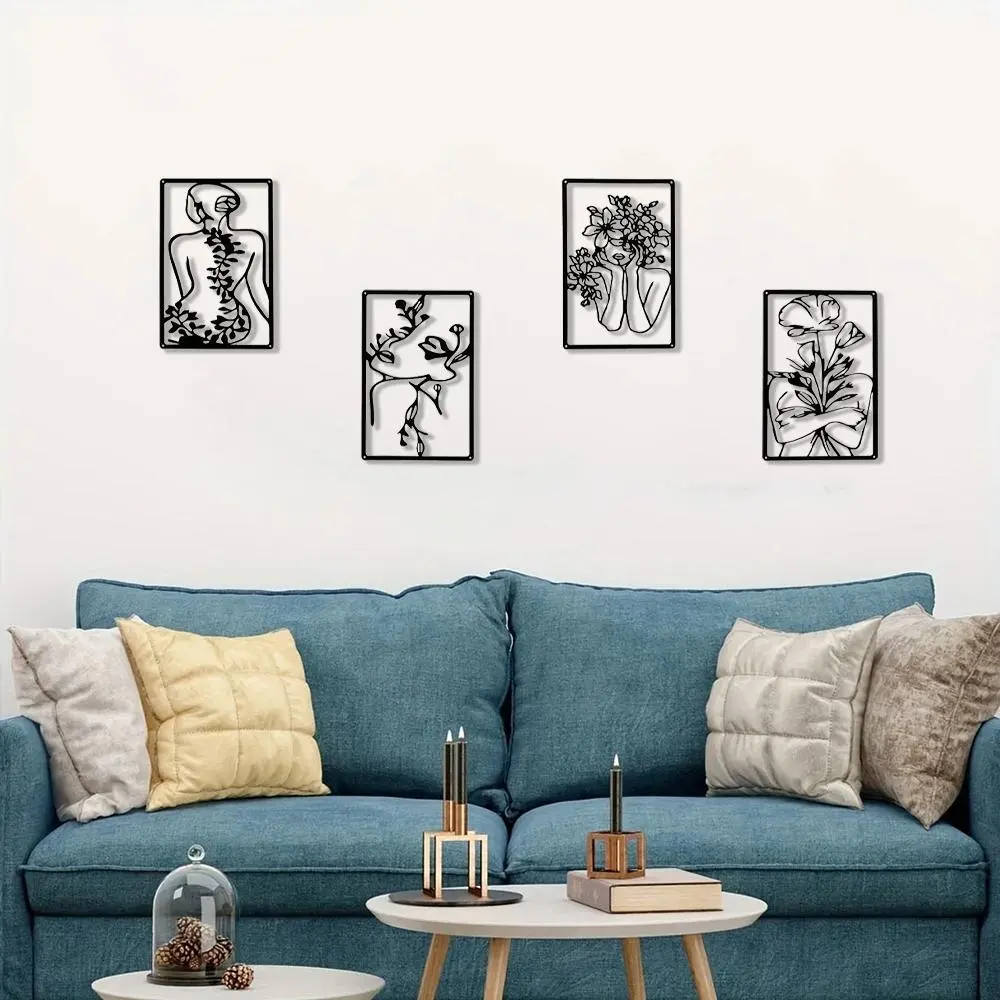 Abstract Figure Line Drawing Unframed Wall Art, 4 Counts/set Metal Wall Decor, Aesthetic Wall Decor, Wall Art for Home Living Room Bedroom Office Gallery, Poster, Art Wall Decoration, Artistic, Indoor Decoration, Modern Abstract Design