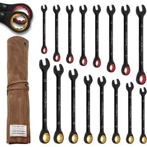 Ratcheting Wrench Set 16 count - Metric and Standard - Black Combination Ratchet Wrenches - Including Wax Canva Bag - LIFETIME SUPPORT