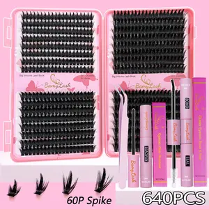 DIY Lash Extension Kit BamyLash 640pcs D Curl 13/15/17/19mm Lash Clusters Soft Volume Wet Anime False Eyelash Extension Set with Bond and Seal Lash Glue Remover Lash Applicators for DIY Lash Extensions (60P Spike Kit)
