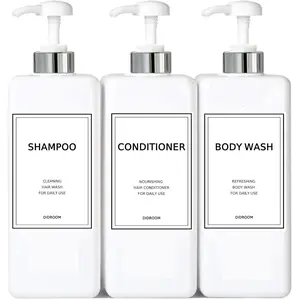 Modern Silver Shampoo and Conditioner Dispenser (21 oz, Pack of 3) Refillable Pump Bottle Set Empty Shower Plastic Bottles with Pump for Bathroom Body Wash Soap and Shower